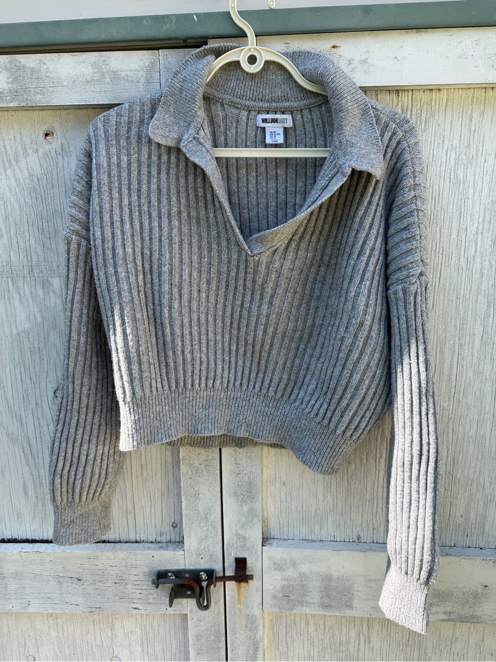 William Rast Heather Gray Ribbed Collared Cropped V-Neck Sweater